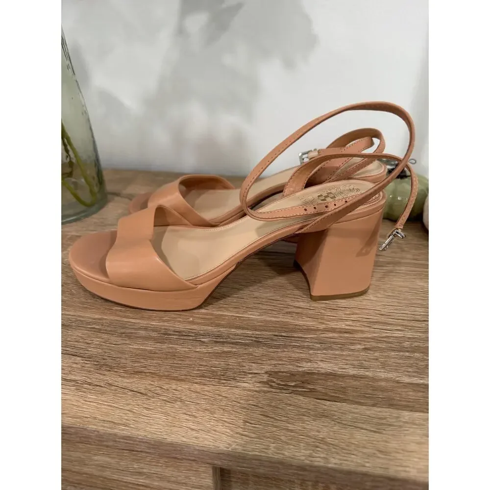 Vince Camuto Pendreya Stap Tan Platform Mid Heel Sandal Size 9